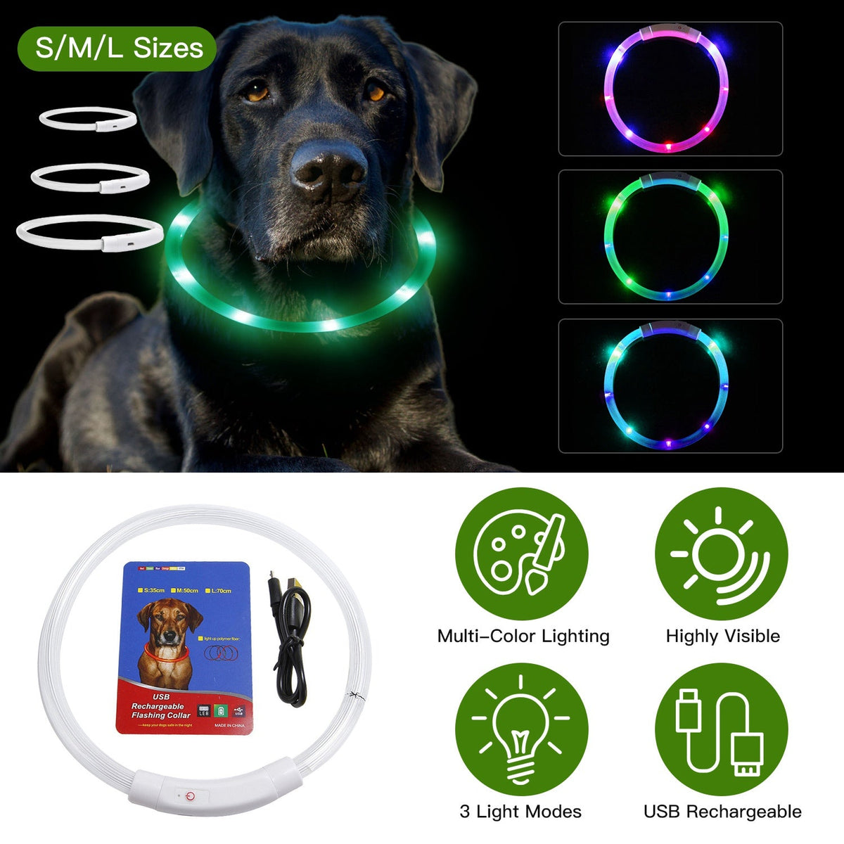 LED dog collar sizes and three light modes