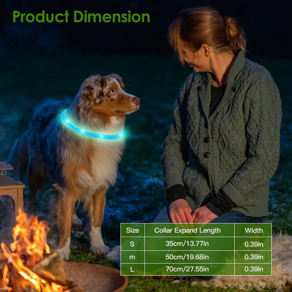 LED dog collar size guide shown on a dog