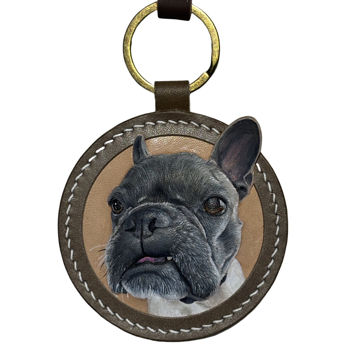 Isolated custom French bulldog leather portrait keychain