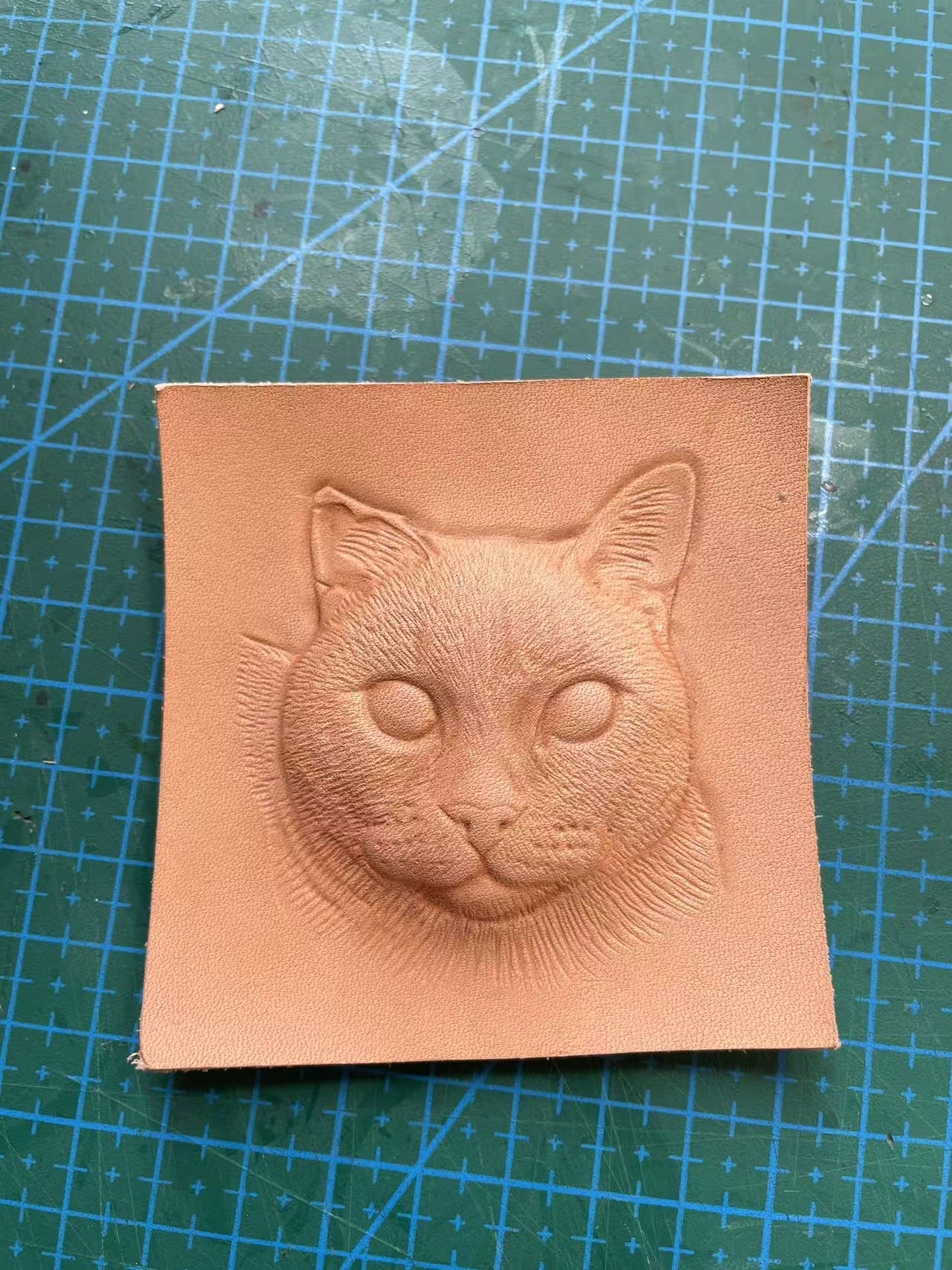 Detailed carved cat face before painting on vegetable-tanned leather