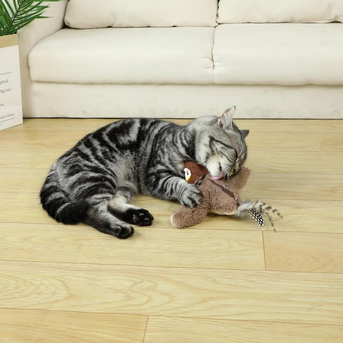 Cat holding the brown plush flapping bird toy