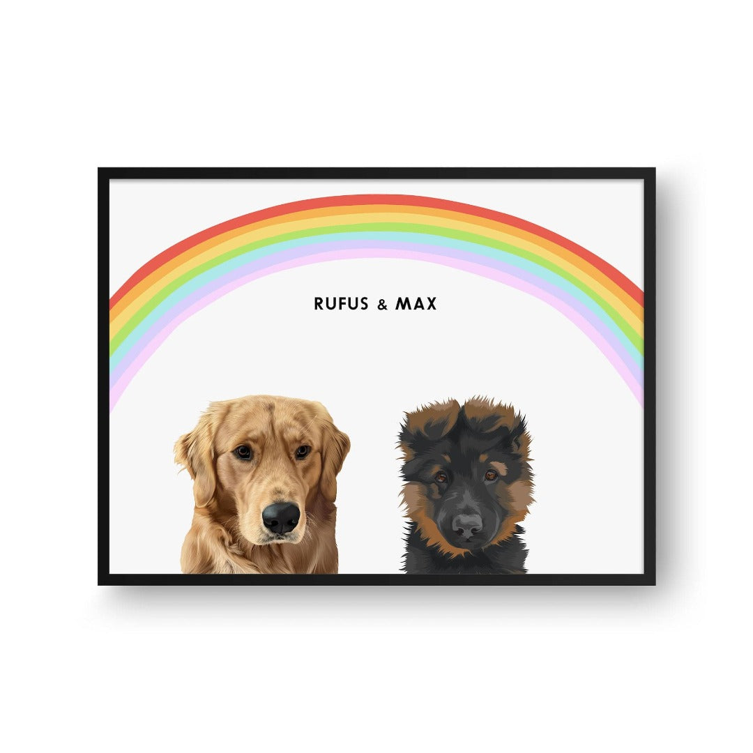 Modern Pet Portrait - Two Pets — Framed Poster Horizontal Black 2Pets Horizontal16x24 Rainbow Soft White BG