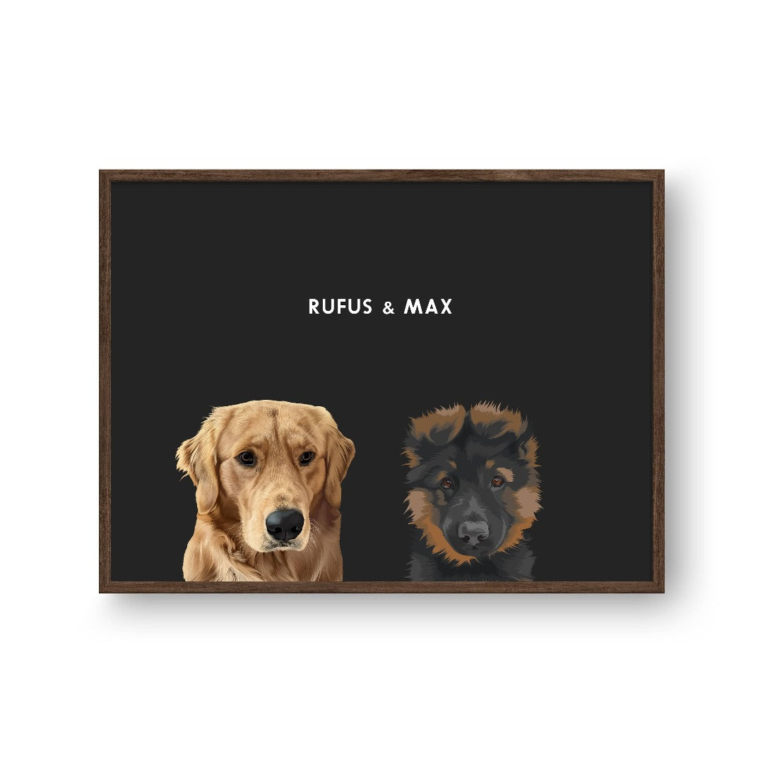 Modern Pet Portrait - Two Pets — Framed Poster Horizontal Walnut 2Pets Horizontal16x24 Charcoal BG