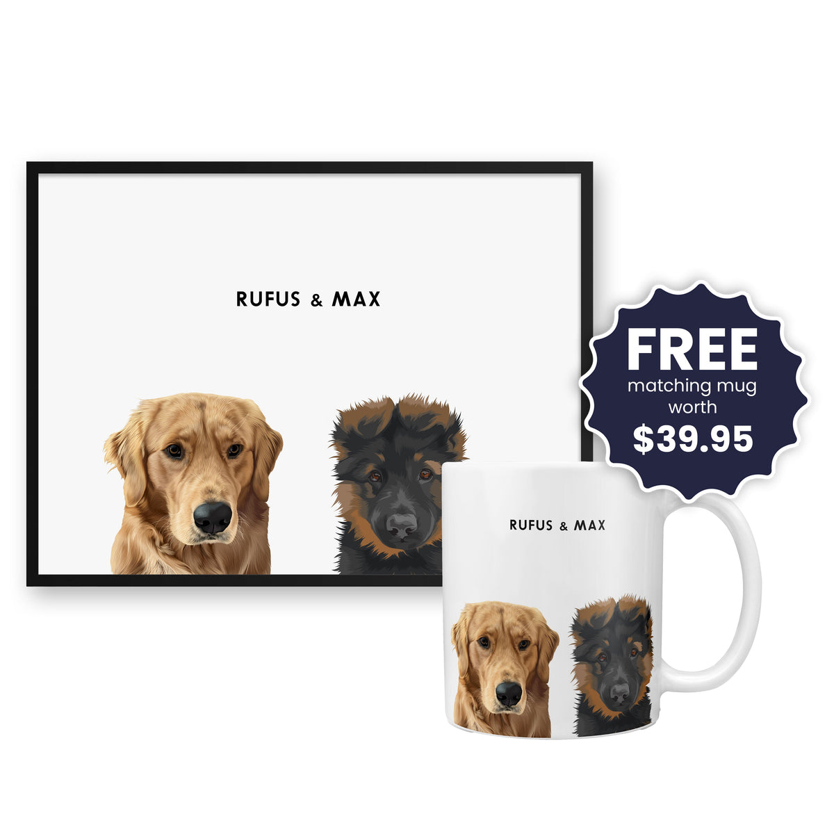Pet portrait gift example shown with Modern Pet Portrait - Two Pets