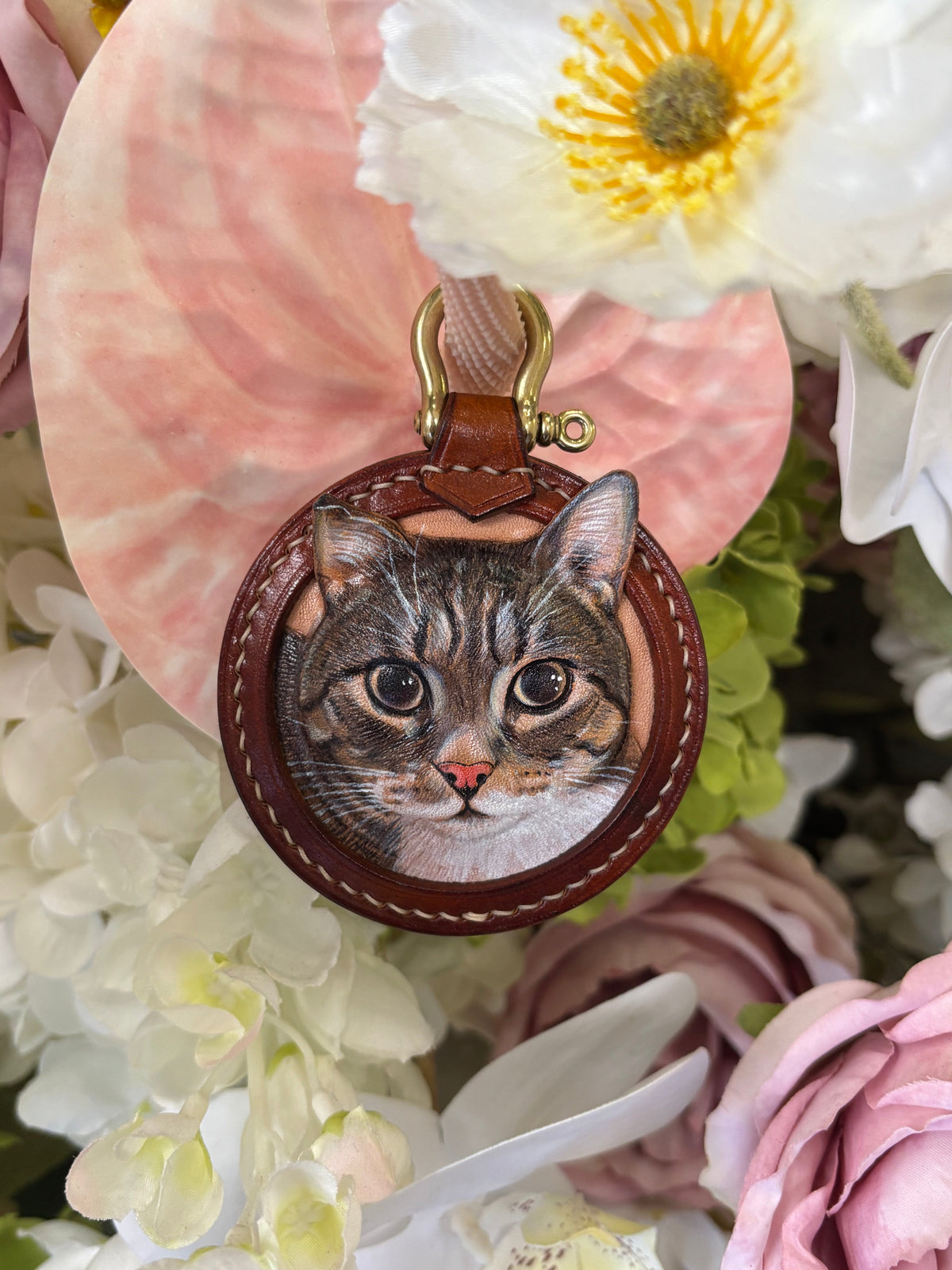 Custom tabby cat portrait leather keychain styled with soft flowers