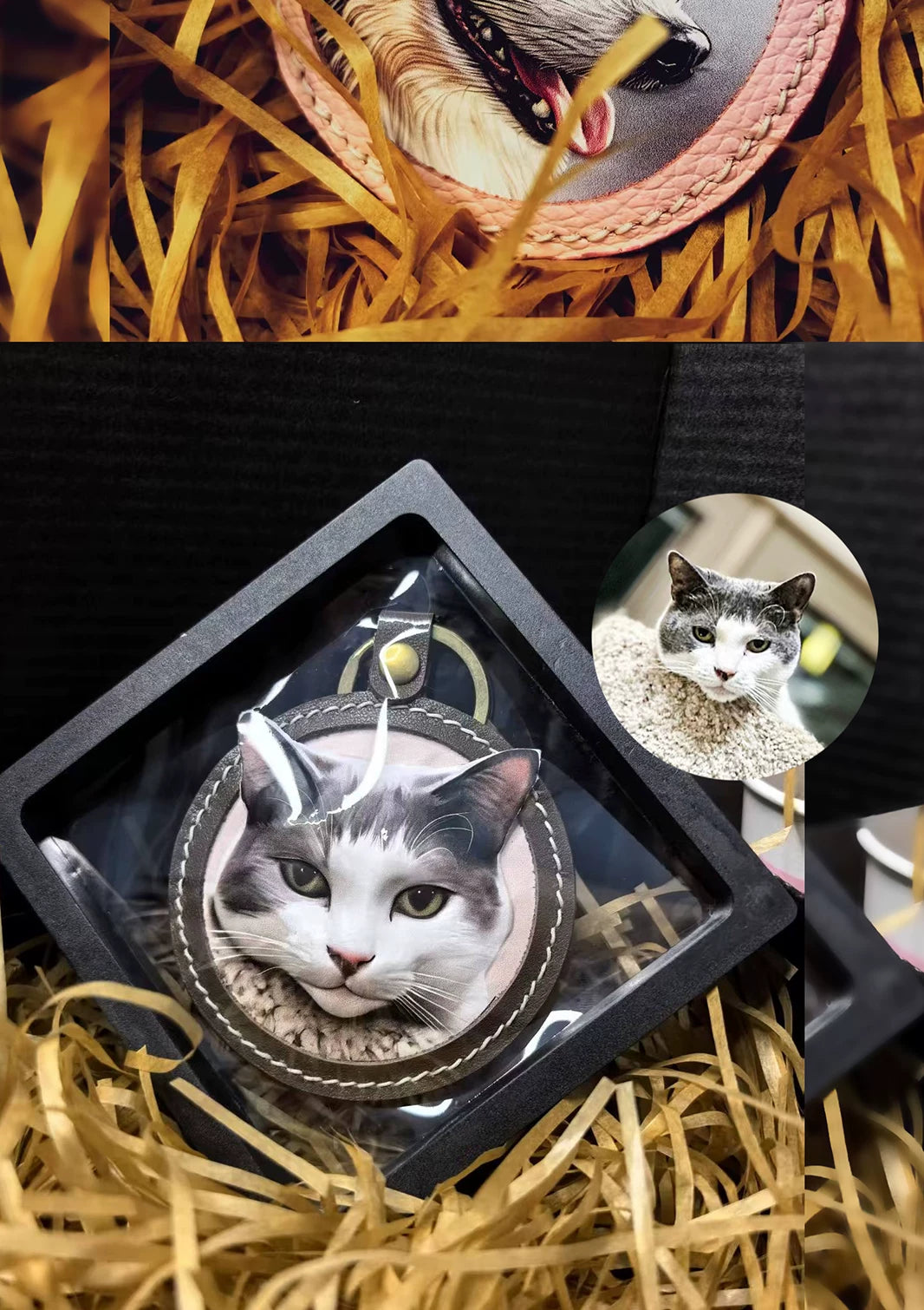 Custom hand-painted pet portrait leather keychain and bag charm — product gallery view 4