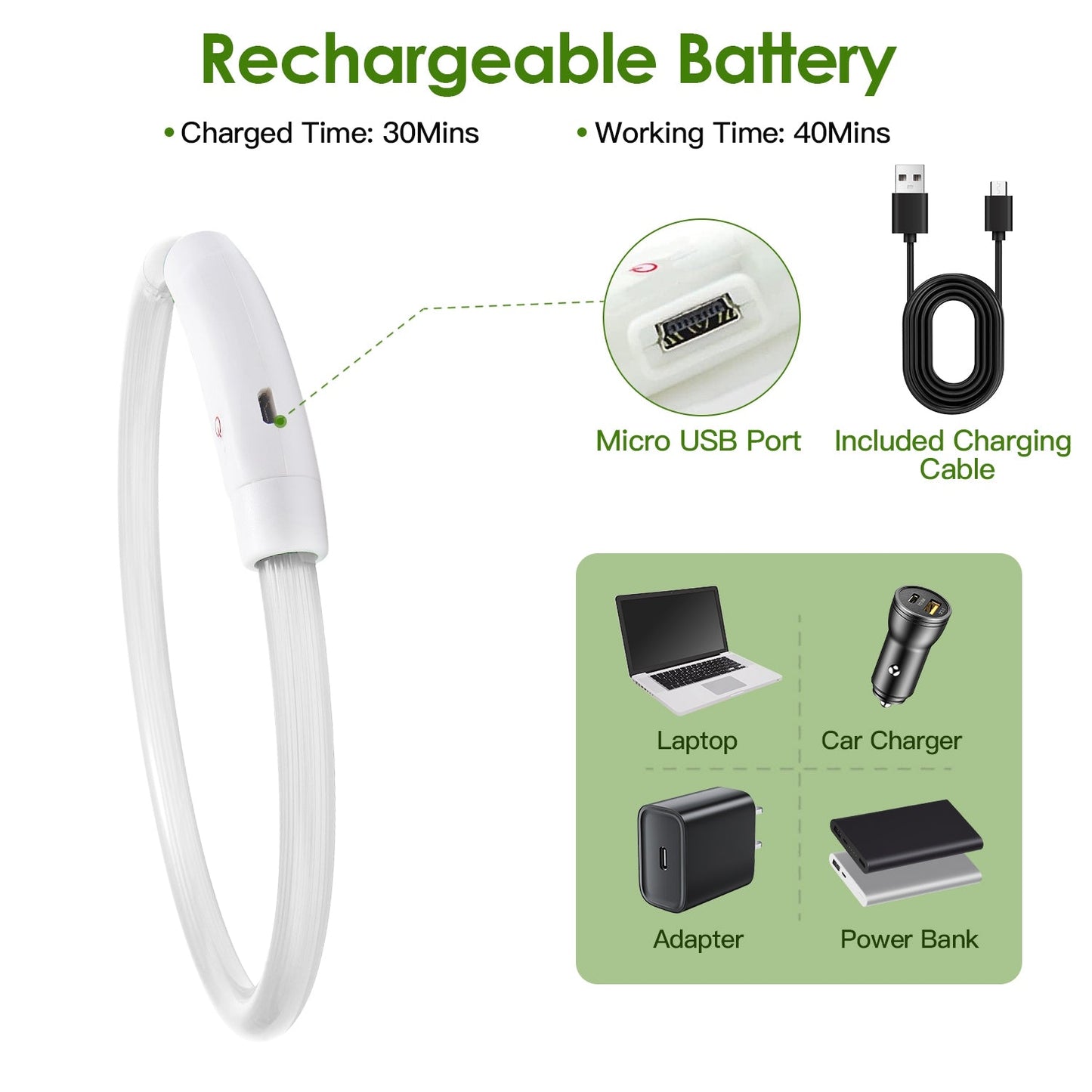 USB charging options for the LED dog collar