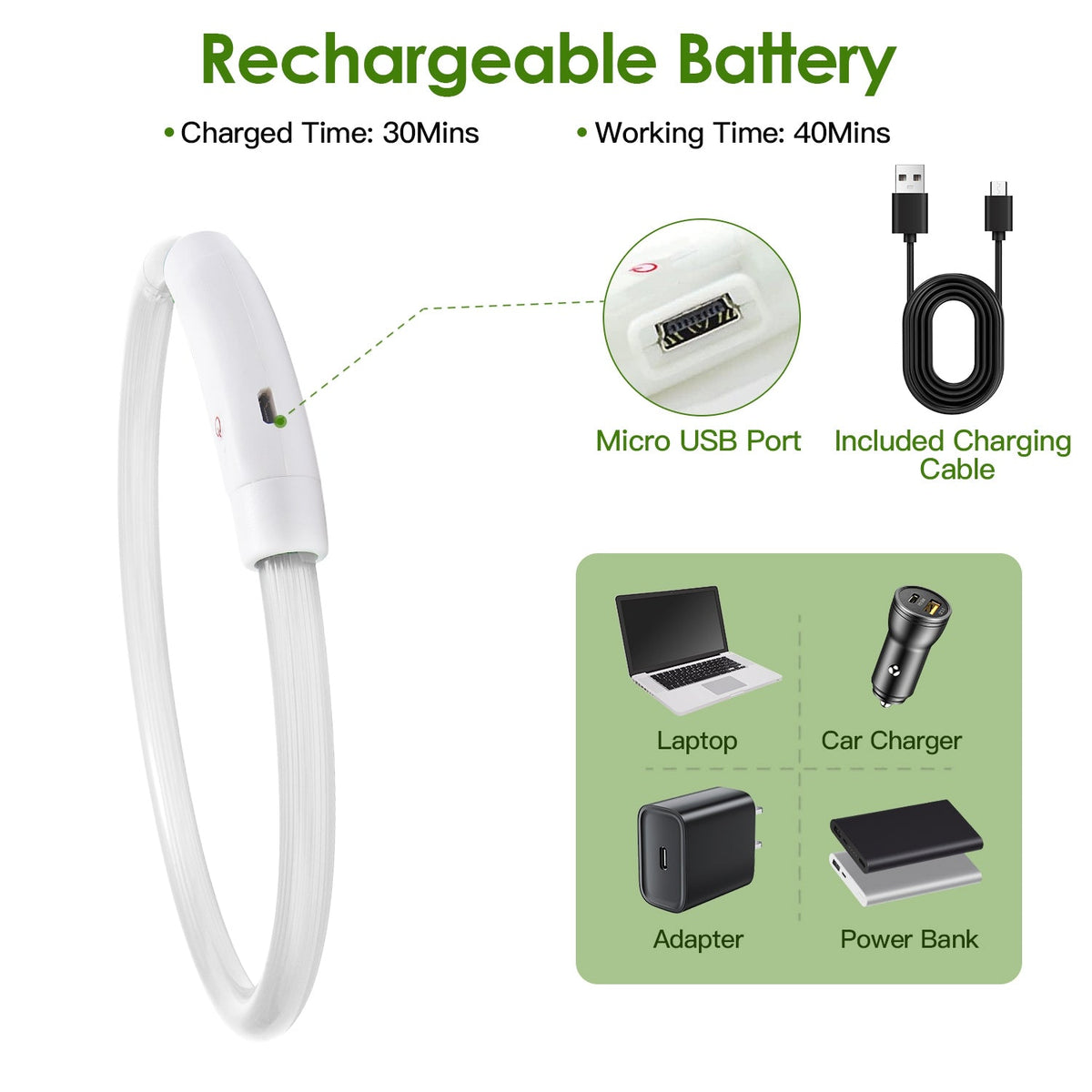 USB charging options for the LED dog collar