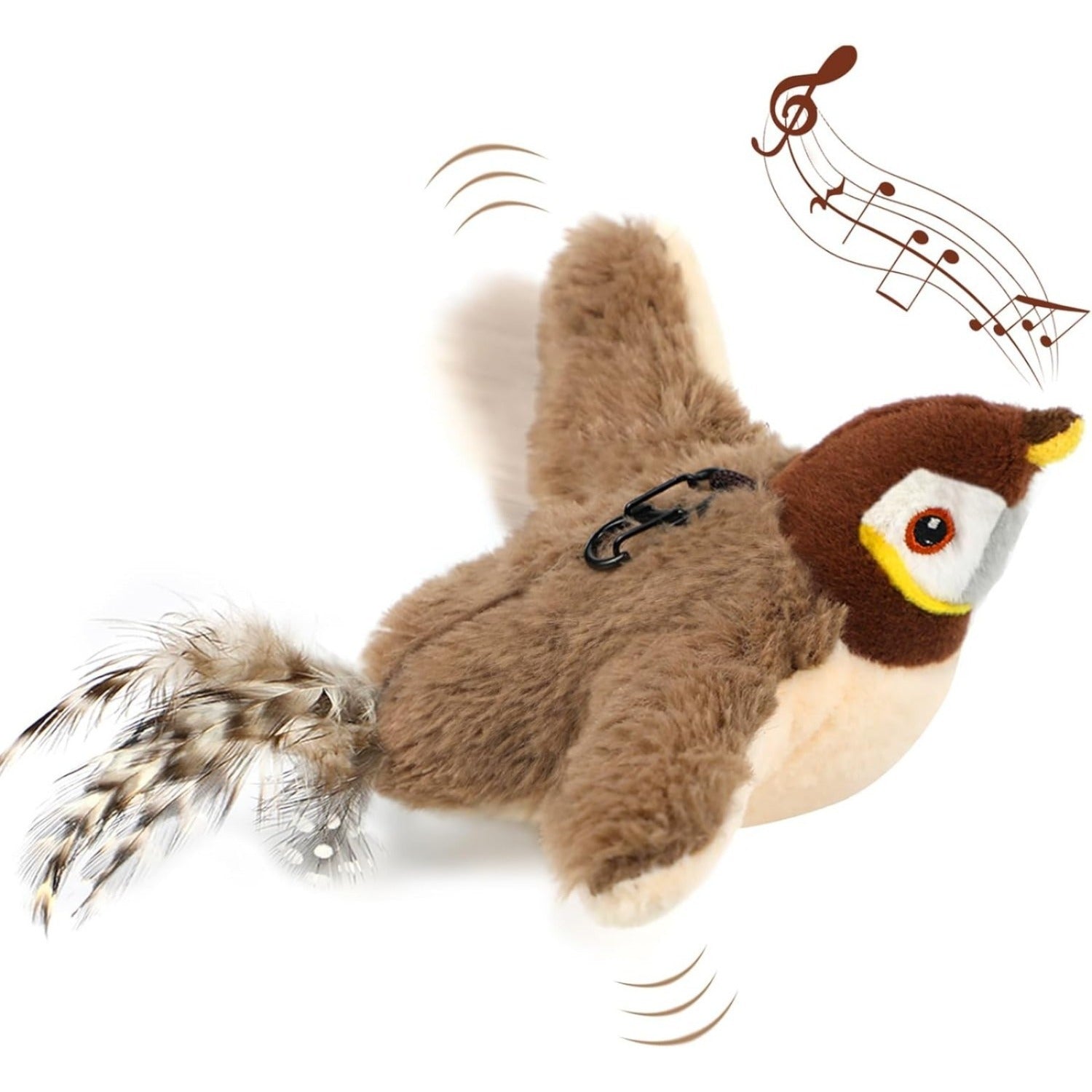 Brown plush flapping bird cat toy with feather tail