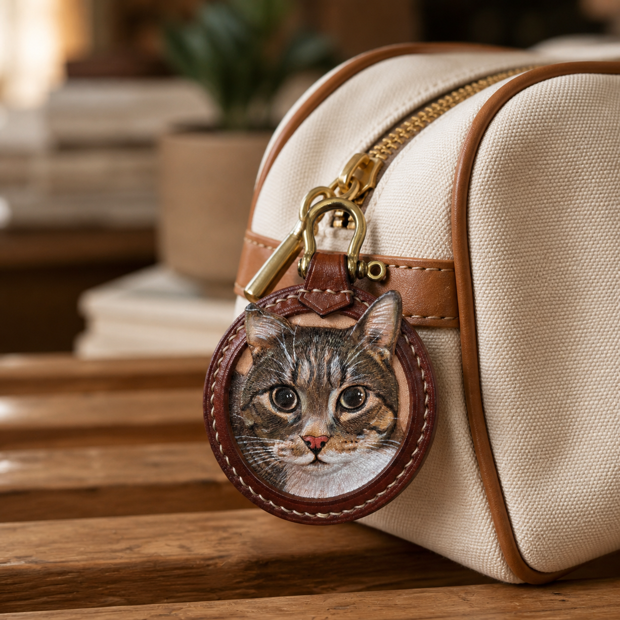 Custom tabby cat portrait leather keychain clipped to a cream canvas handbag