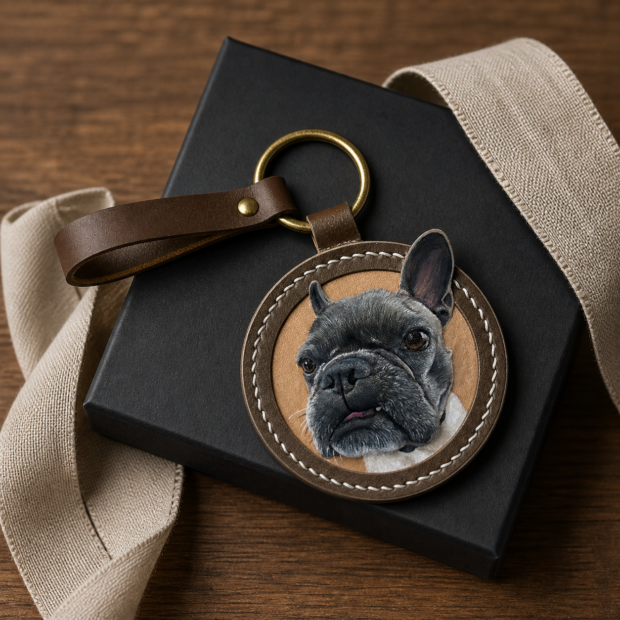 Custom French bulldog portrait leather keychain presented on a black gift box