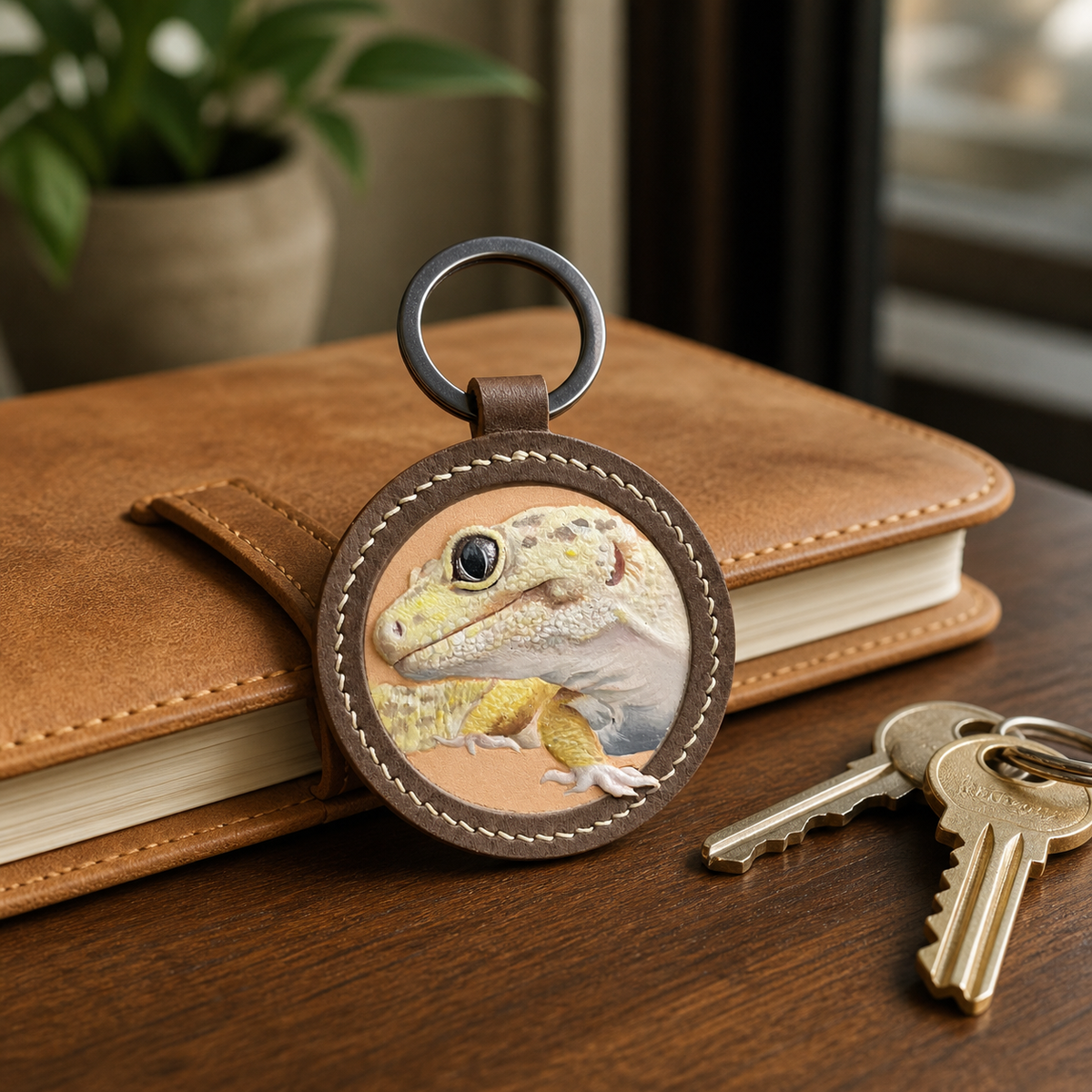 Custom gecko portrait leather keychain beside a leather journal and keys