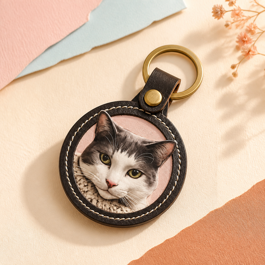 Custom black-and-white cat portrait leather keychain on a warm cream background