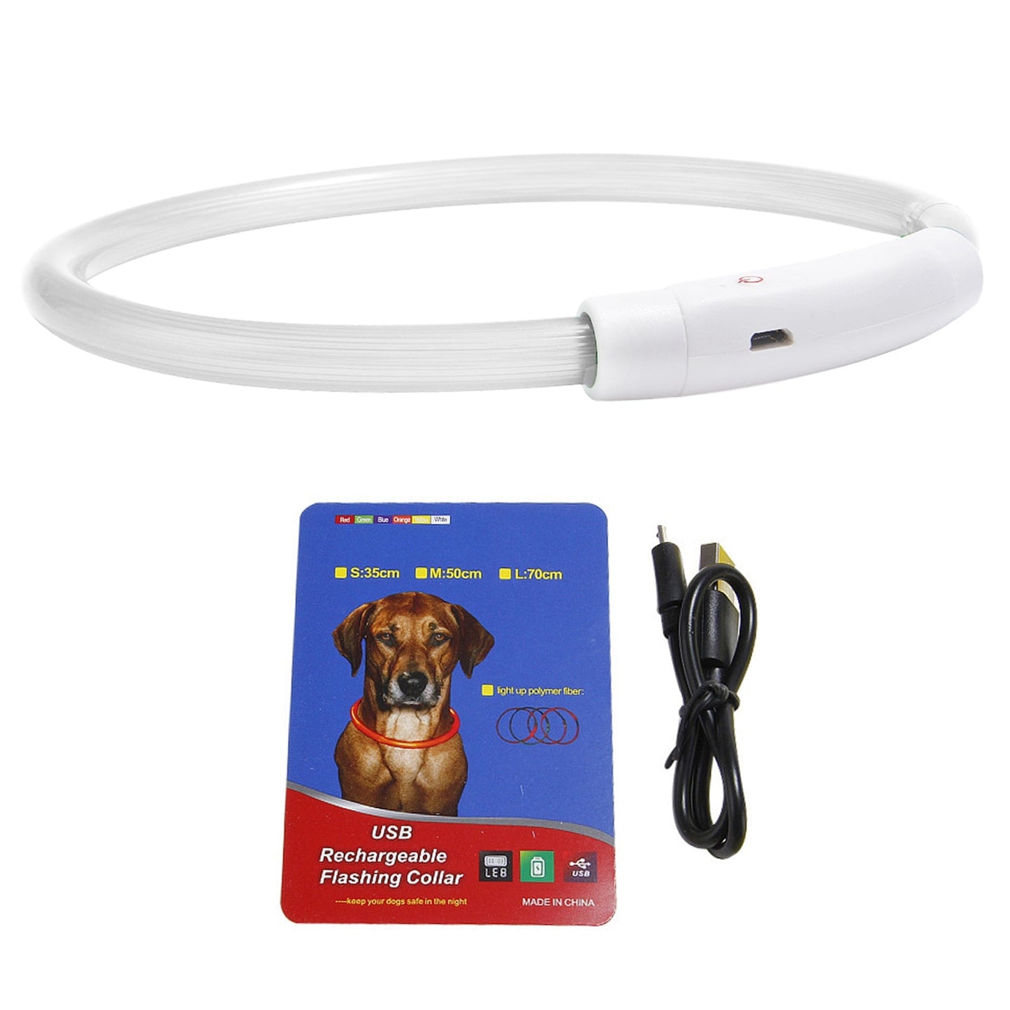White USB rechargeable LED dog collar with charging cable