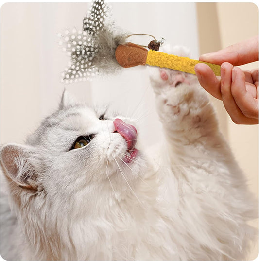 White cat playing with a feather-topped silvervine chew stick