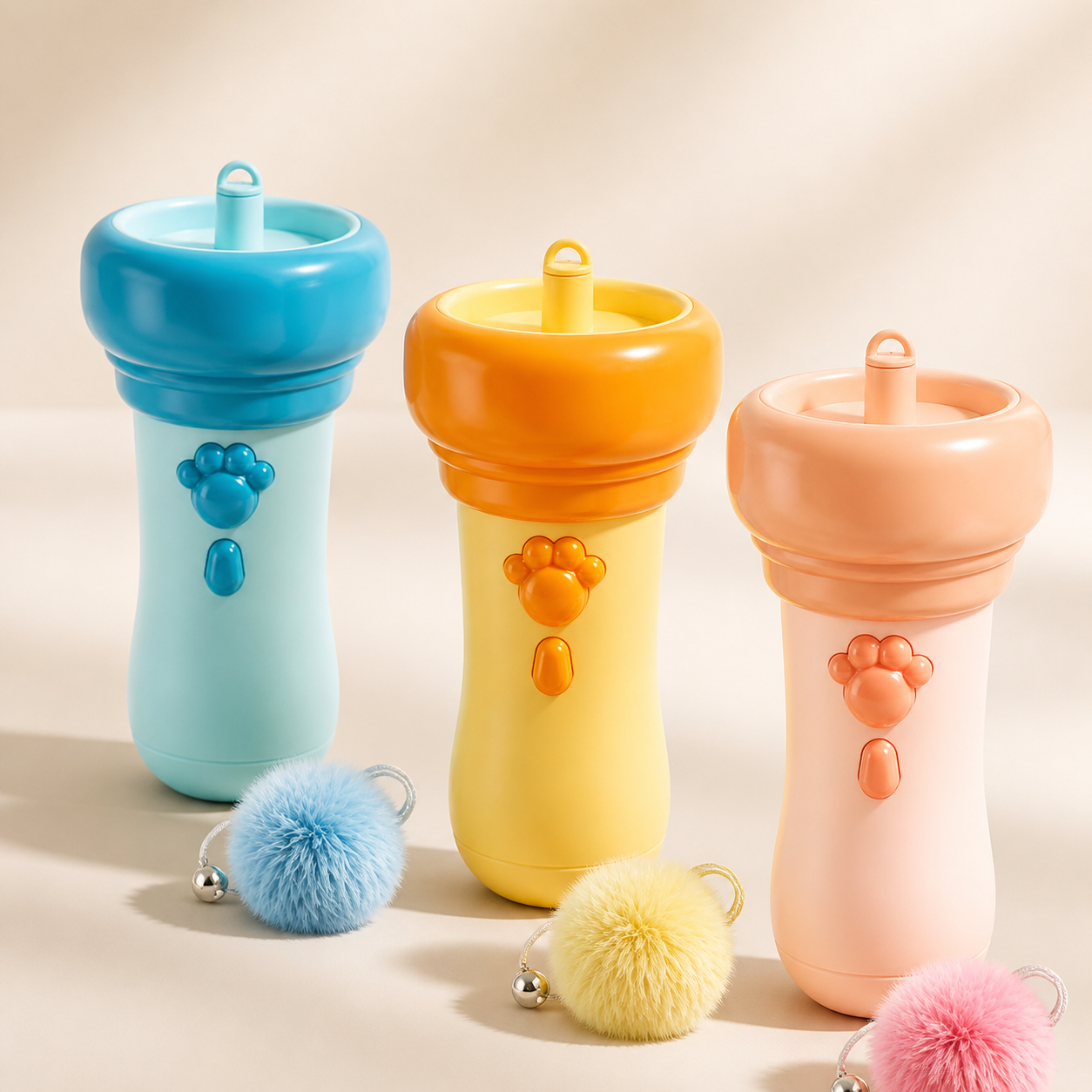 Blue yellow and pink automatic retractable cat teaser options