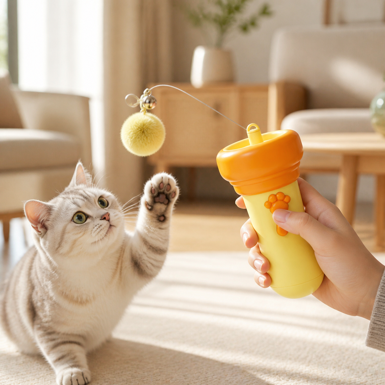 Cat reaching for a yellow automatic retractable cat teaser