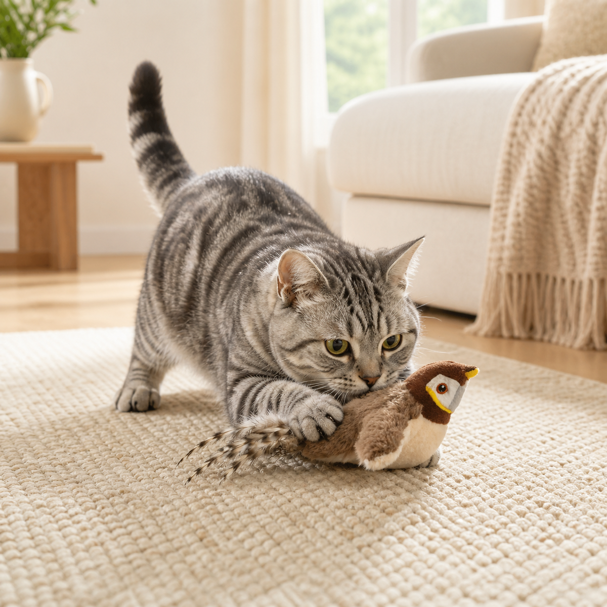 Cat playing with a rechargeable flapping bird toy
