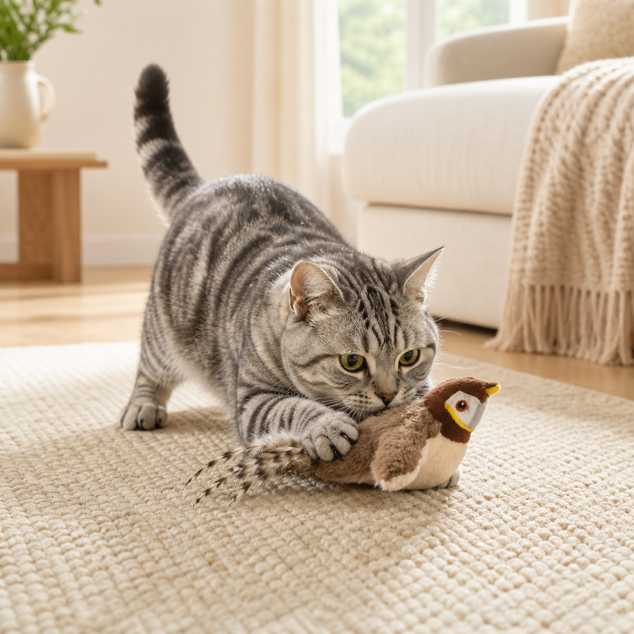 Cat playing with a rechargeable flapping bird toy