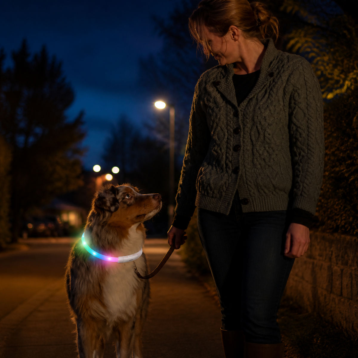 Dog wearing a multicolor USB rechargeable LED collar on an evening walk