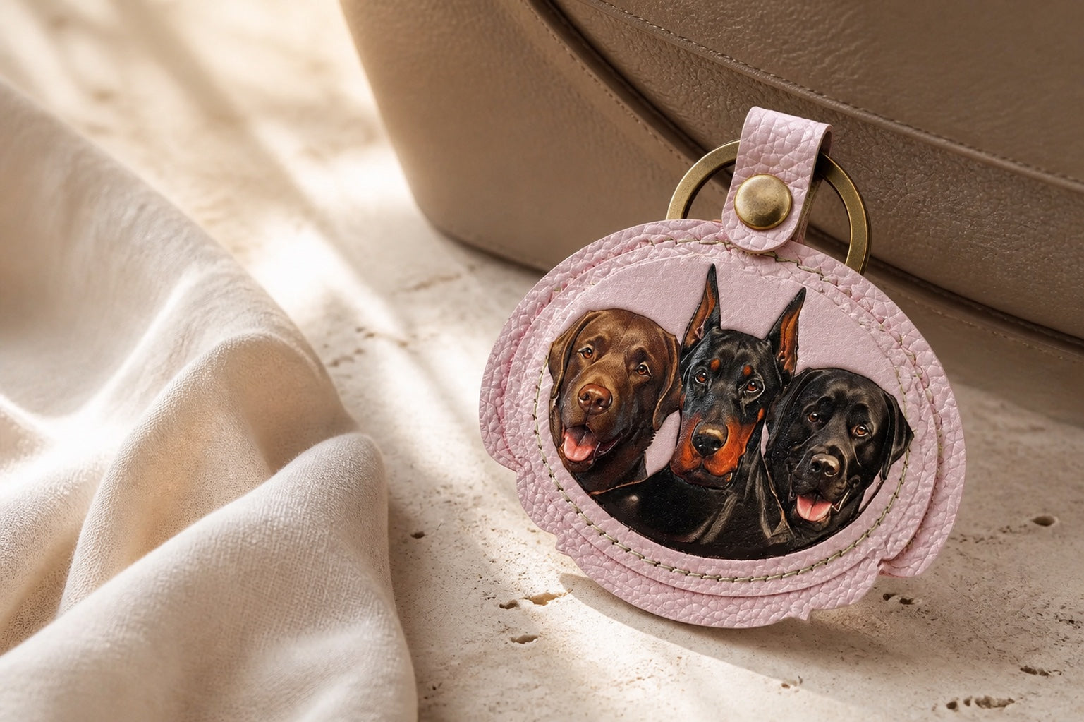 Pink genuine-leather custom pet portrait charm beside a neutral leather bag